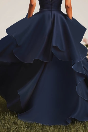 Navy Ball Gown Sweetheart Ruffled Long Formal Dress with Front Slit